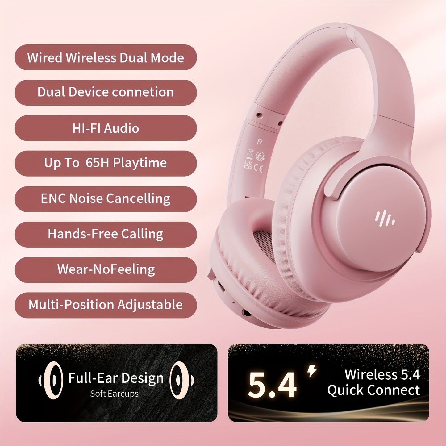 Wireless Over-Ear Headphones, 5.4 Wireless, HD Sound, ENC Noise Cancelling, Deep Bass, Extra Long Battery Life, Soft Earmuffs, Portable & Adjustable Design for Outdoor Sports, Commuting, Tablet Compatible, Immersive Audio gift, christmas,New year, Fall