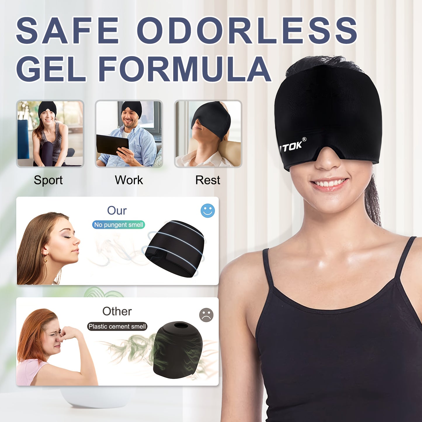 Migraine Headache Relief Cap, Gel lce Head Wrap for Tension and Stress Relief.Suitable for Home breaks, before sleep, office