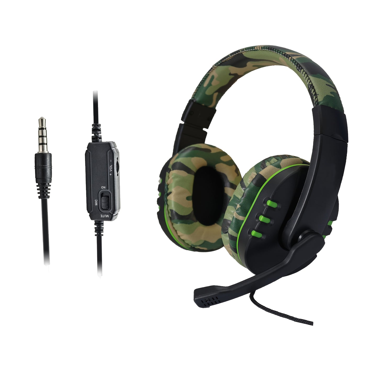 Camo & Black Gaming Headset with Microphone - Stereo Over-Ear Earphones, Volume Control Buttons, 3.5mm Plug, Plastic Material, Noise-Isolating Design, Ideal for PC, PS5, Xbox, Nintendo, and Mac, Gaming Headset | Camouflage He