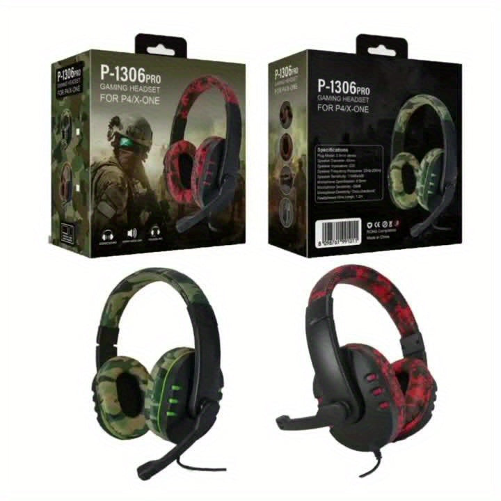 Camo & Black Gaming Headset with Microphone - Stereo Over-Ear Earphones, Volume Control Buttons, 3.5mm Plug, Plastic Material, Noise-Isolating Design, Ideal for PC, PS5, Xbox, Nintendo, and Mac, Gaming Headset | Camouflage He