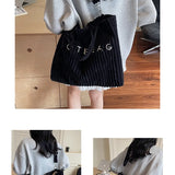 Large Capacity Striped Velvet Handbag Shoulder Bag for Woman Handbags Crossbody Bags, Versatile Letter Corduroy Women's Tote Bag