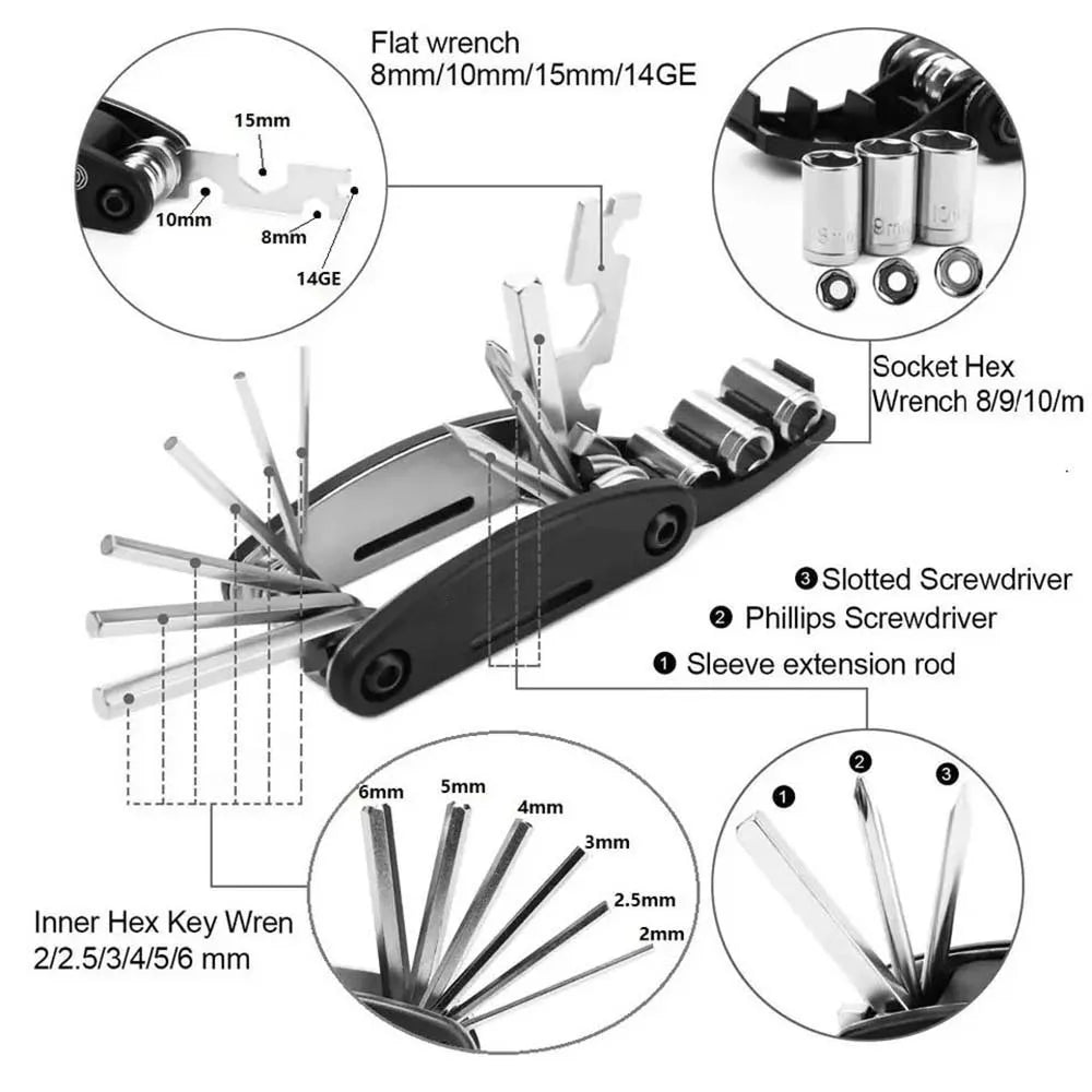 16-in-1 Portable Repair Tool Kit for Motorcycle & Bicycle