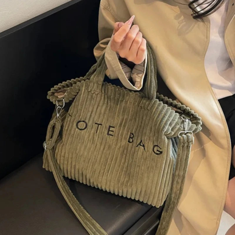 Large Capacity Striped Velvet Handbag Shoulder Bag for Woman Handbags Crossbody Bags, Versatile Letter Corduroy Women's Tote Bag