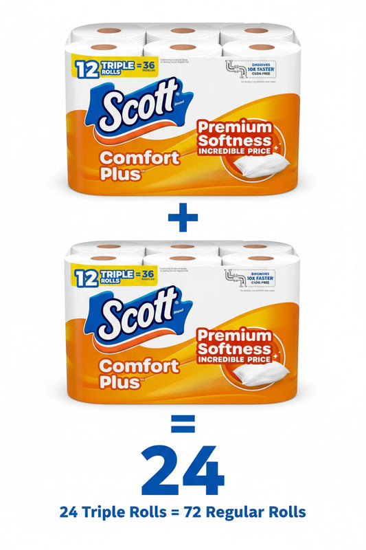 Scott ComfortPlus Toilet Paper — 24 Triple Rolls (= 72 Regular Rolls) | 231 Sheets, Septic-Safe & Clog-Free