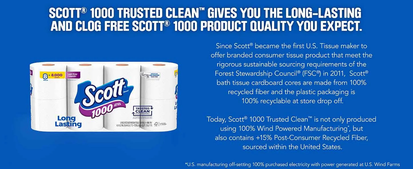 Scott 1000 Trusted Clean Toilet Paper – 32 Rolls