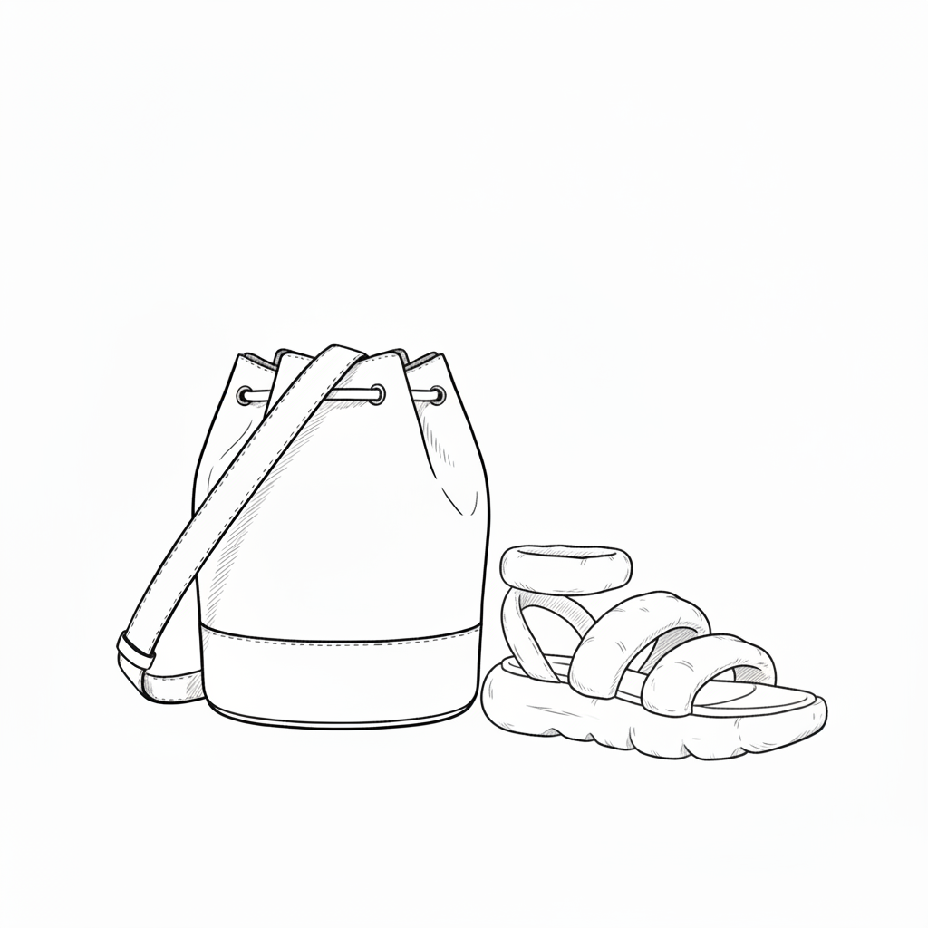 Bucket Tote & Plush Strap Sandal Line Drawing