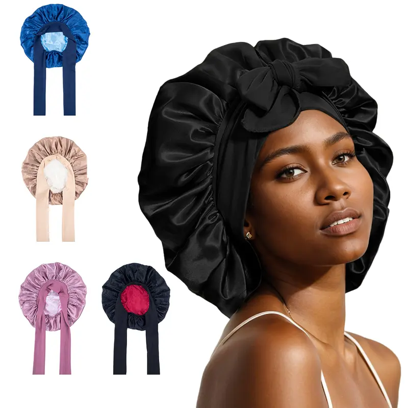Satin Bonnet, Silk Bonnet for Sleeping, Silk Sleep Cap, Double Layer Hair Bonnet Elastic Tie Band For Women, Curly Hair, Night Cap, Heatless Styling Tool for Women Silky Haircare