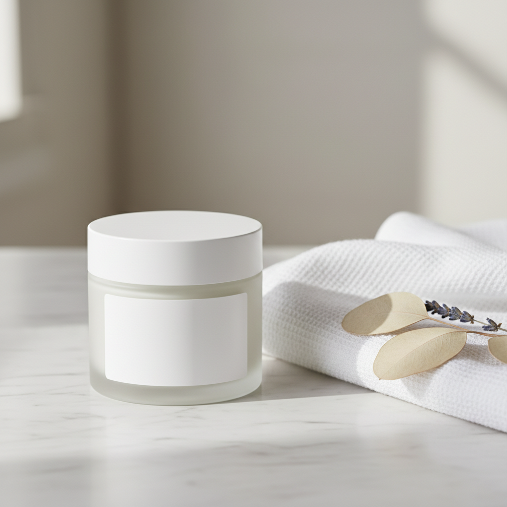 Kenzova urea foot cream jar on marble surface with soft spa styling