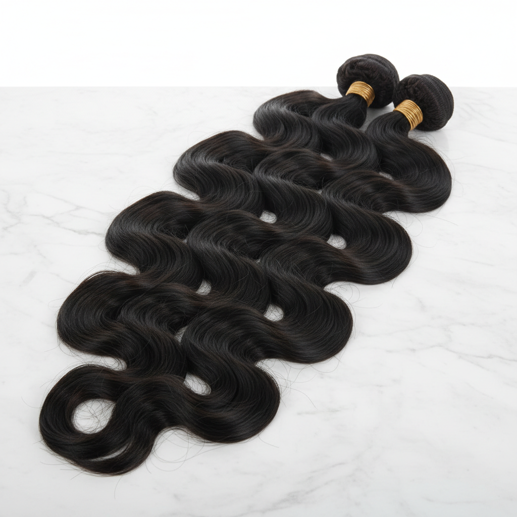 Luxurious Brazilian body wave hair bundles in natural black draped over white marble surface